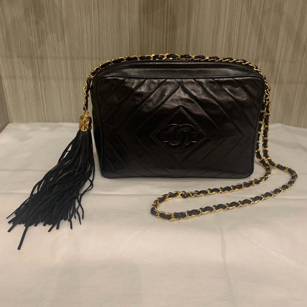 Chanel Vintage Black Quilted Camera Tassel Chain shoulder Bag with Gold Hardware